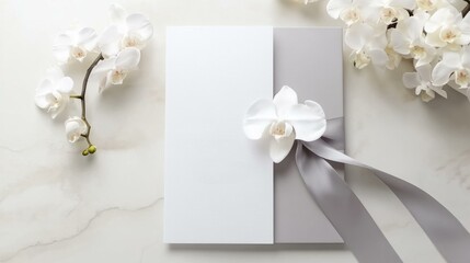  Elegant A4 paper mockup with white orchid and ribbon on marble background for wedding or luxury designs