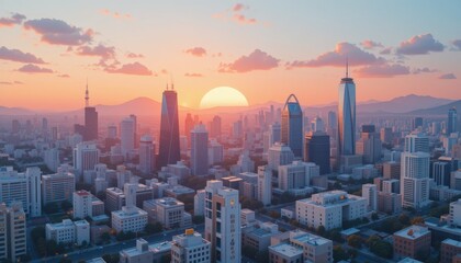 Obraz premium Minimalist isometric cityscapes at sunset