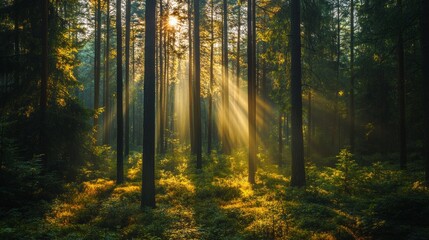 Obraz premium Golden sunlight streams through tall trees, illuminating the rich greenery of a dense Russian forest. The tranquility of nature is palpable in this serene morning setting