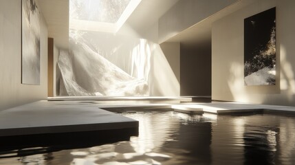 Sunlit Minimalist Interior with Water Feature and Abstract Art