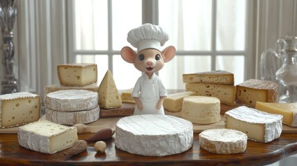 Cute cartoon mouse chef in luxury cheese shop  
