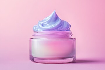 Transparent jar with soft pastel cream inside, modern beauty aesthetic