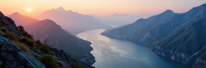 Misty dawn on ancient granite peaks with rippling waters below, fog, mist