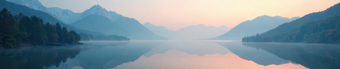 Fototapeta premium Misty morning on the mountain with a serene reflective lake, mist, calm, mountains