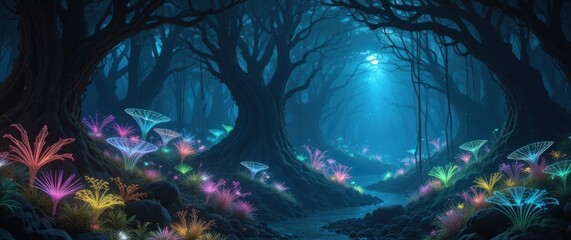 Surreal Underwater Forests with Bioluminescent Flora