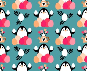 Easter animals seamless penguin and eggs pattern for wrapping paper and fabrics and linens and spring kitchen textiles