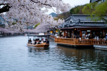 Fototapeta premium A scenic view of cherry blossom trees lining a calm canal, showcasing the beauty of nature and providing a peaceful atmosphere perfect for leisure and contemplation.