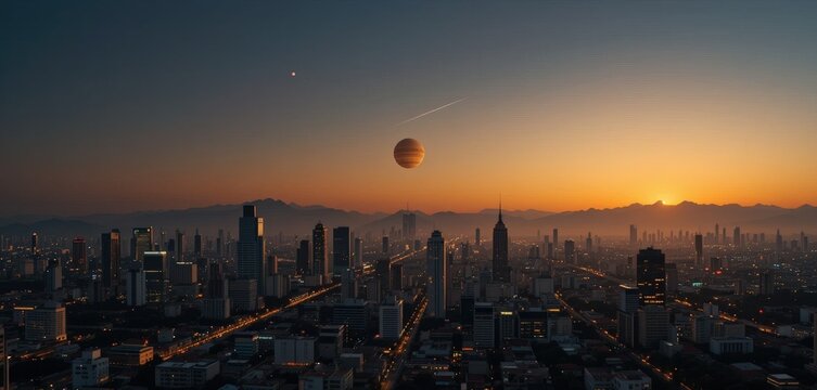 the planet Saturn x close appears half to the earth rising f at the horizon on the city
