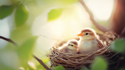 Obraz premium Bird in nest on tree in Spring.