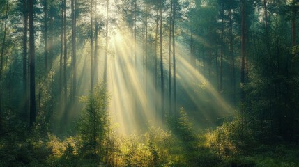 Obraz premium Sunshine streams through the thick canopy, illuminating the forest floor filled with lush greenery. The peaceful atmosphere invites exploration and reflection among the trees