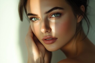Stunning fashion portrait showcasing a woman with smooth skin and artistic lighting in modern beauty photography. Generative AI