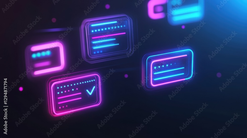 Aufkleber Floating message bubbles illuminate social media chat interface with glowing text notifications at night. Generative AI
