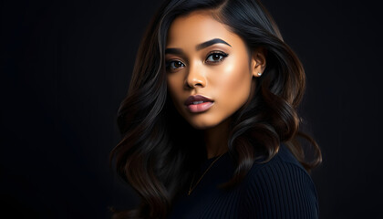 Naklejka premium gorgeous mixed race model in studido shoot with long wavy wig on Dark background, professional photography. with white shades