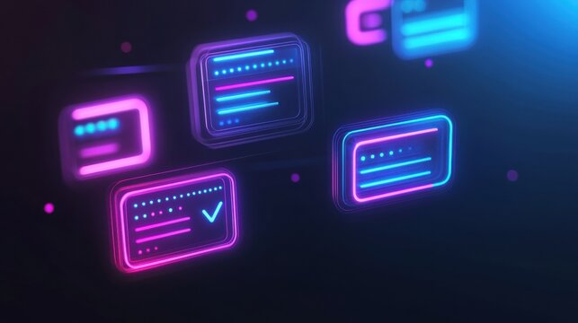 Floating message bubbles illuminate social media chat interface with glowing text notifications at night. Generative AI