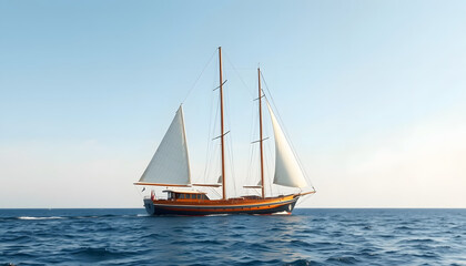 Vintage wooden two mast yacht (yawl) sailing in a open sea on a clear day, flat design. with white shades
