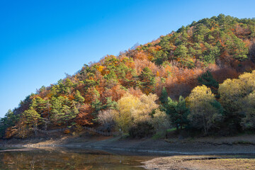 Obraz premium Autumn reflections on calm waters of Boraboy Lake Nature Park. Scenic forested hills and tranquil lake in fall. Peaceful scene with trees. Seasonal change 