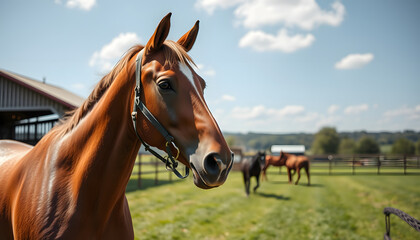 Obraz premium Portrait of brown racing horse on the farm-, magazine photoshoot. with white shades