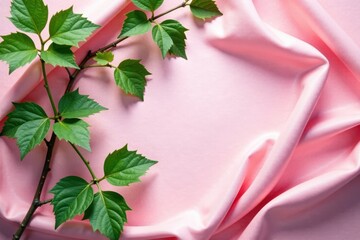 Fototapeta premium Soft pink cotton fabric with green leaves and vines, soft, foliage, vines