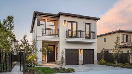 Fototapeta premium Two-Story Modern House with Balcony and Gated Driveway 