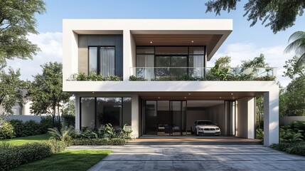 Fototapeta premium Contemporary Two-Story Home with Balcony and Gated Driveway 
