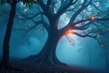 Naklejka premium Softly glowing mist swirls around a mystical tree in the forest, blue, atmosphere, branches