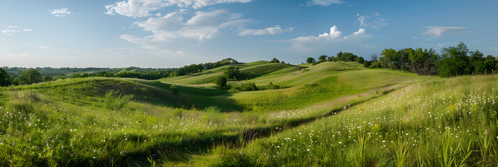 A Serene Hillside with Gentle Slopes, Pathway, and Blossoming Wildflowers Under a Blue Sky