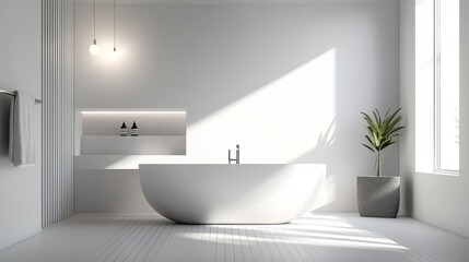 Modern White Bathroom Design with Freestanding Bathtub and Natural Light
