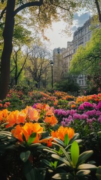 Fototapeta Vibrant azaleas in bloom create a beautiful tapestry of color, surrounded by lush greenery and trees under the warm sunlight of a spring afternoon in a serene garden