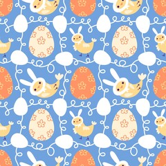 Fototapeta premium Easter chicken and eggs seamless birds pattern for wrapping paper and fabrics
