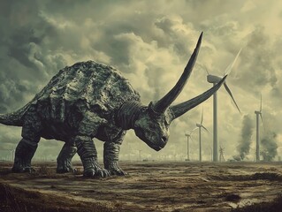 Fototapeta premium Fossil Fools Day awareness artwork, humorous depiction of ancient fossils being traded for clean energy solutions, eco-conscious concept