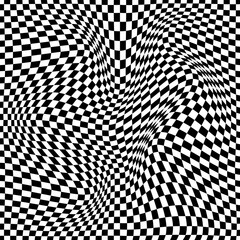 Illusion abstract black and white background. Chess concept 3d texture. Damage wavy pattern with the distorted effect. Racial flag for various sports. Vector illustration.