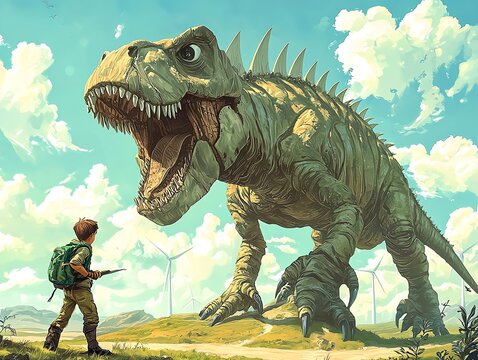 Fossil Fools Day awareness artwork, humorous depiction of ancient fossils being traded for clean energy solutions, eco-conscious concept