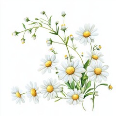 White daisy bouquet with green leaves and yellow centers on white background