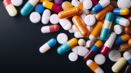A vibrant cascade of pills tumbles against a dark backdrop, emphasizing health and pharmaceutical themes with striking visuals.