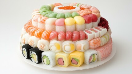 Indulge in a stunning sushi cake display, elegantly layered with fresh rolls, perfect for any upscale event or celebration.