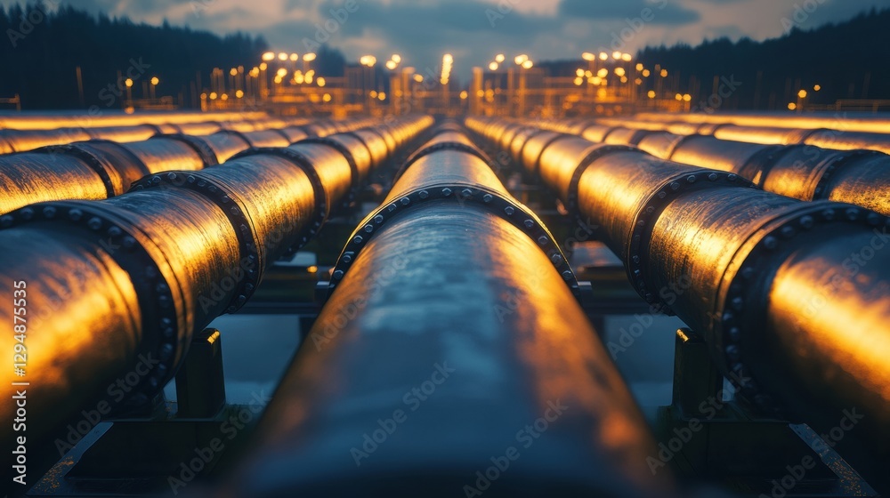 Poster long metallic pipelines transporting gas into the distance amid industrial scenery during twilight h