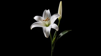 Obraz premium Delicate white lily blooms contrast beautifully against a rich black backdrop, symbolizing purity and elegance in nature.