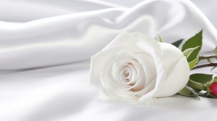 Delicate white rose resting on smooth white satin, exuding elegance and simplicity in this serene closeup shot.