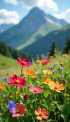 Fototapeta premium Wildflowers blooming in a field with a mountain backdrop, scenery, flowers, nature