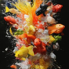 A surreal depiction of a polluted ocean with sea creatures trapped in plastic, rendered in a vibrant yet somber color palette