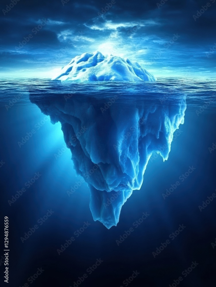 Fototapete melting iceberg floats in dark blue sea under an empty sky creating a striking contrast. generative 