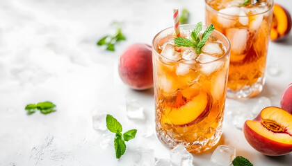 Fototapeta premium Peach iced tea. Iced tea with peach slices, mint and ice cubes on white background close up. Homemade refreshing summer drink