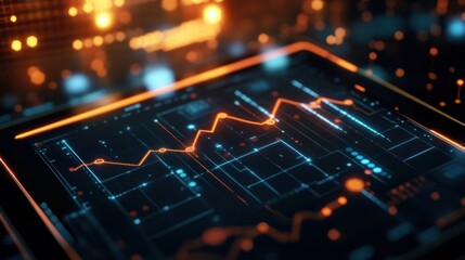Digital tablet displaying declining graph. Abstract, futuristic data visualization. Possible use in business, technology, finance, or stock photography