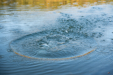 Circular water ripples and bubbles effect. Water ripples and round droplets on blue sea texture pattern background. Liquid motion on calm lake surface. Ring affect, circles