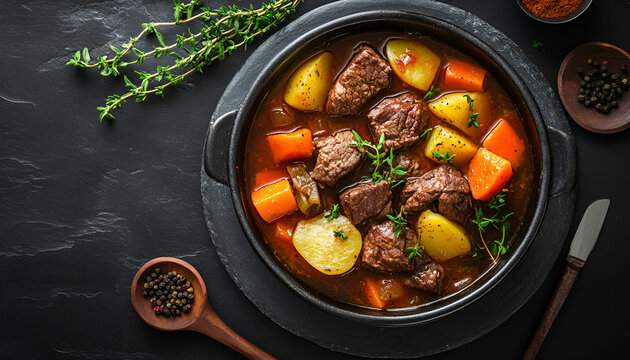 Beef meat stewed with potatoes, carrots and spices on black background, top view, copy space. Homemade winter comfort food - slow cooked meat stew