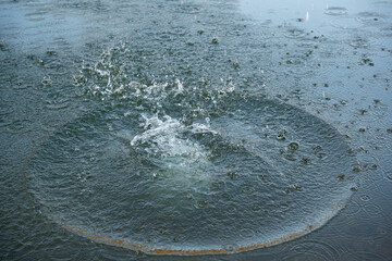 Water drops splash, ripples and bubbles effect. Water splash and ripples on blue sea texture pattern background. Liquid motion on calm lake surface. Ring affect, circles, round droplets 