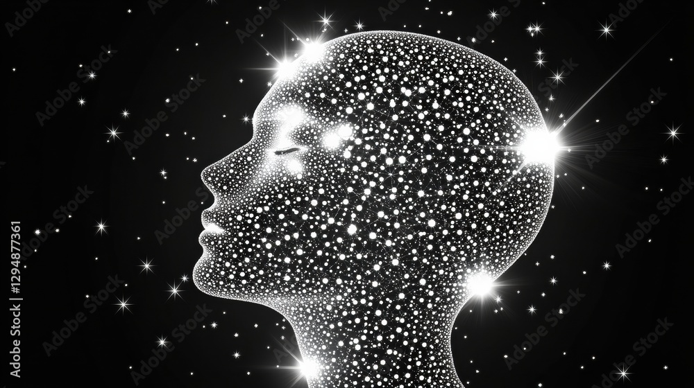 Poster human silhouette filled with glowing ai nodes in a cosmic cyberpunk background at night. generative 