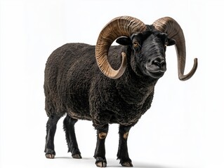 A black sheep with large, curly horns standing against a white background.