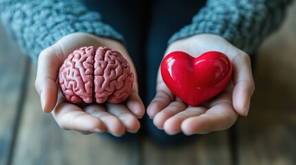 A person holding a brain and a heart in their hands, symbolizing the balance between intellect and emotion.