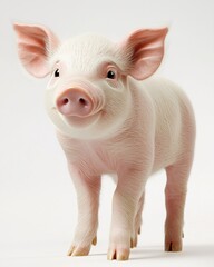 A small, adorable piglet with pink skin and big eyes, looking curiously at the camera.